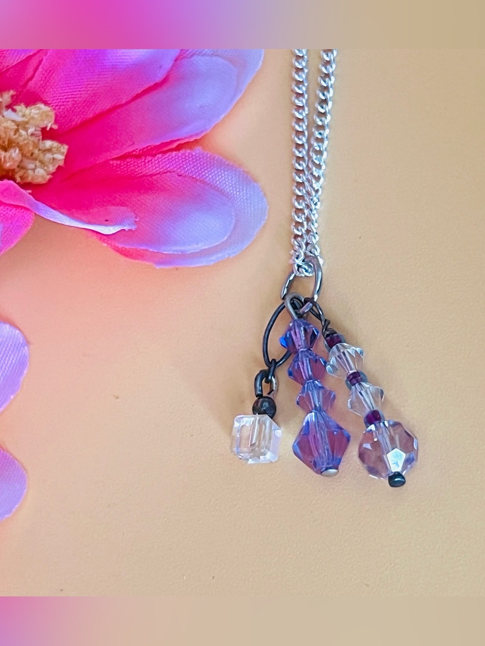 Elegant purple, Pink & clear Crystal pendant plus necklace